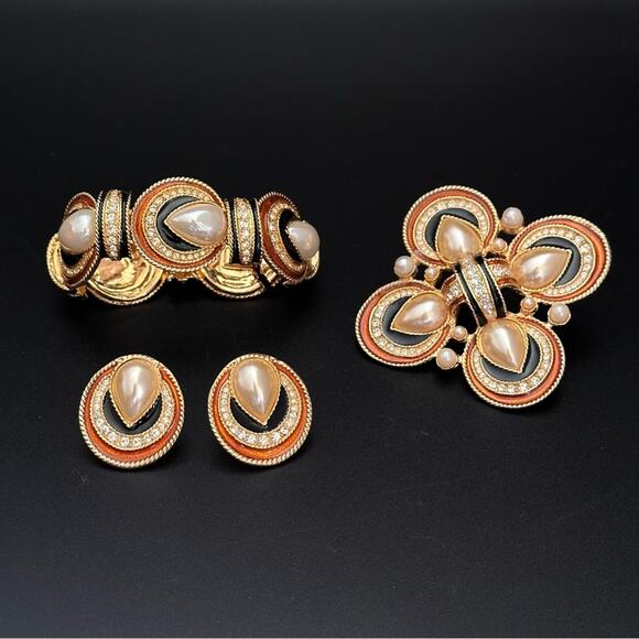 Vintage 90’s Jackie Orr Spanish Style Black & Copper Pearl & CZ Set - Picture 2 of 10